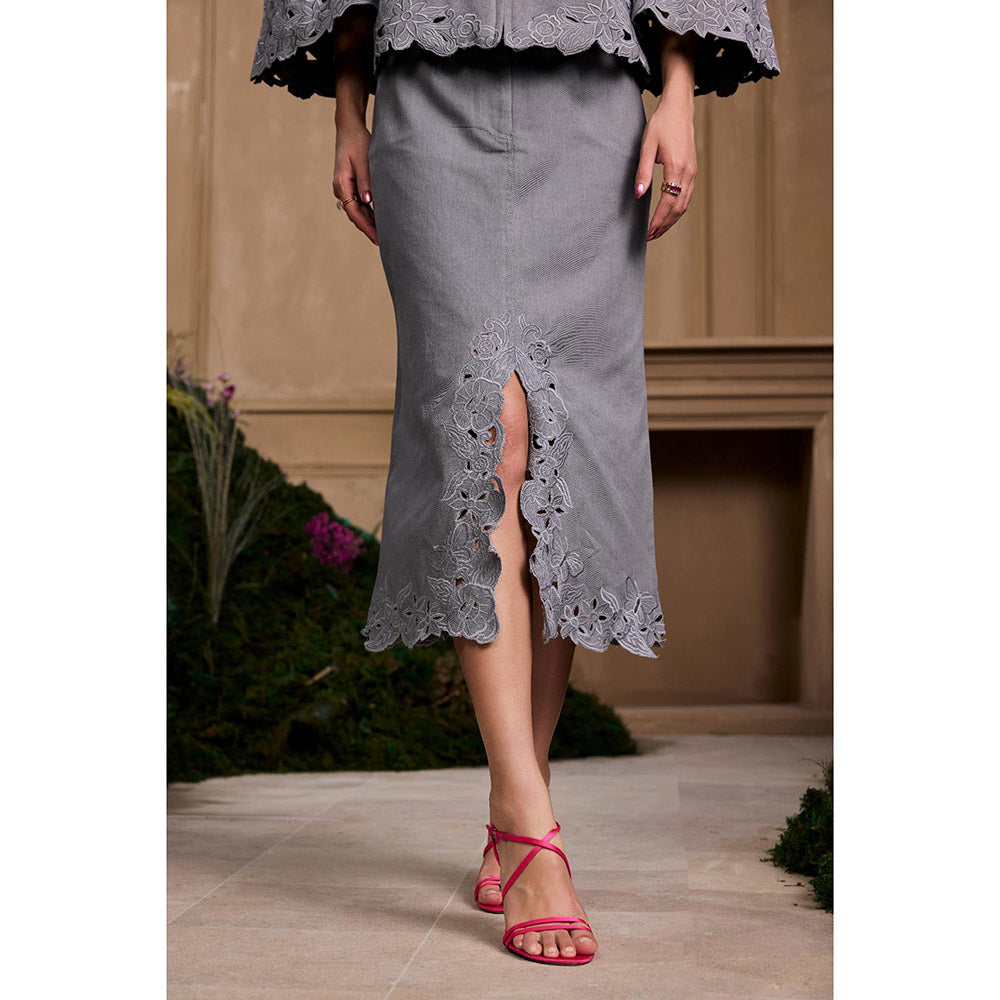 CHANDRIMA Grey Twill Cutwork Embroidered Midi Skirt