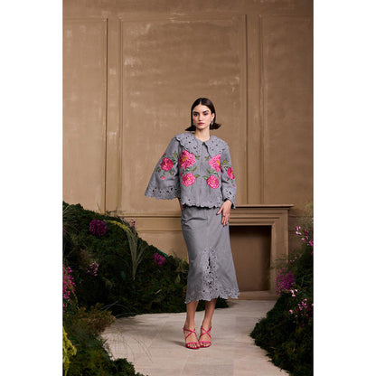 CHANDRIMA Grey Twill Cutwork Embroidered Midi Skirt