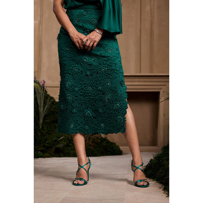 CHANDRIMA Emerald Green Metallic Quilted Embroidered Skirt