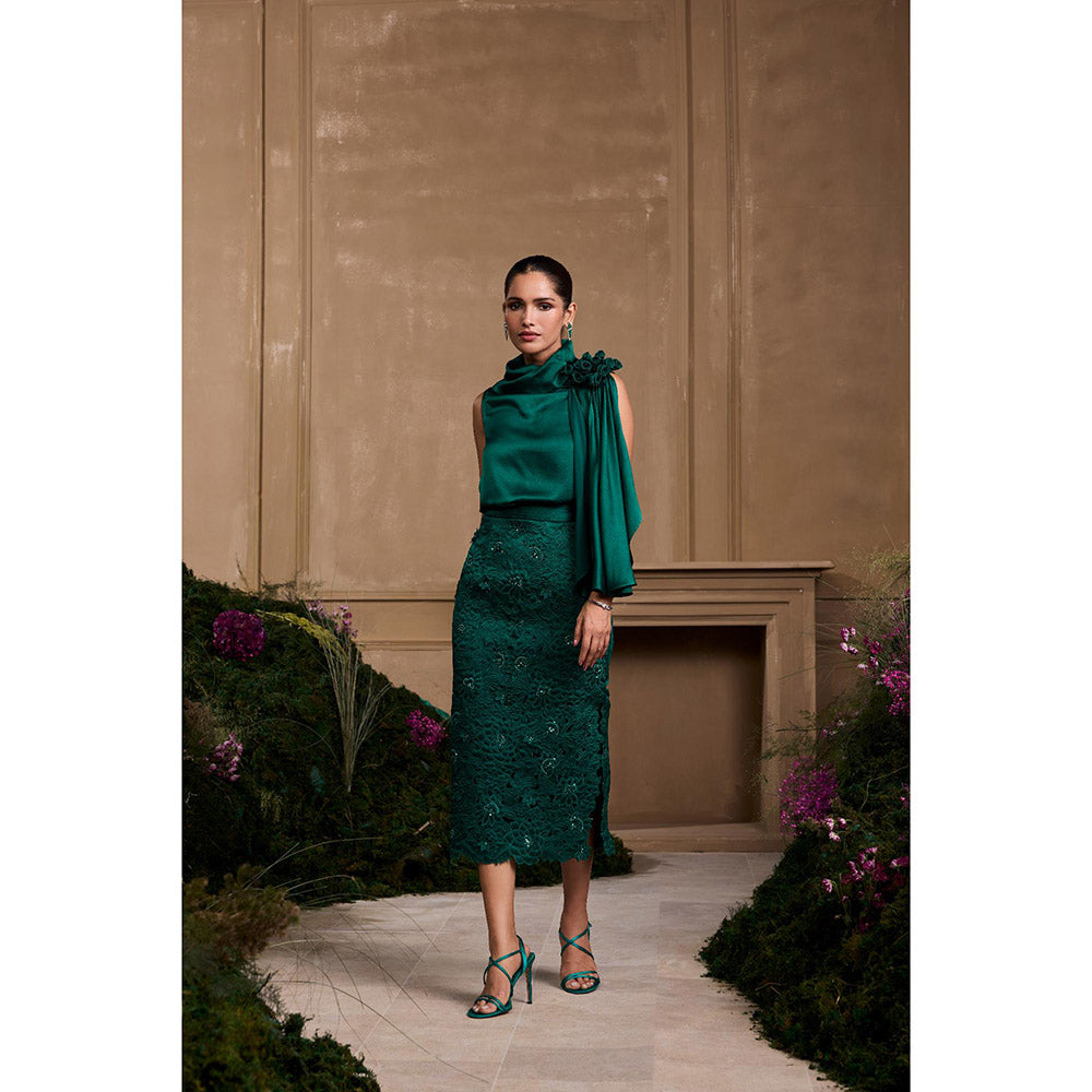 CHANDRIMA Emerald Green Metallic Quilted Embroidered Skirt