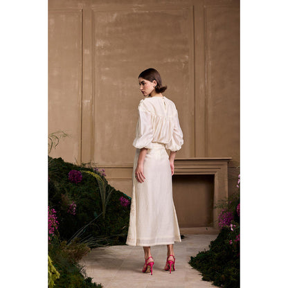 CHANDRIMA Ivory Floral Embroidered Button-Down Skirt