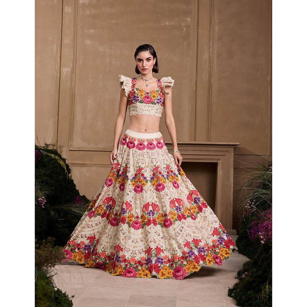 CHANDRIMA Multicoloured Floral Embroidered Blouse with Lehenga (Set of 2)