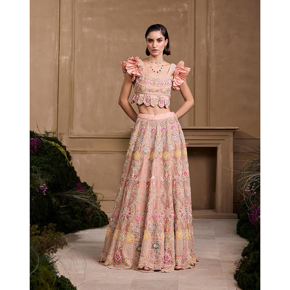 CHANDRIMA Soft Pink Contrast Embroidered Blouse with Lehenga (Set of 2)
