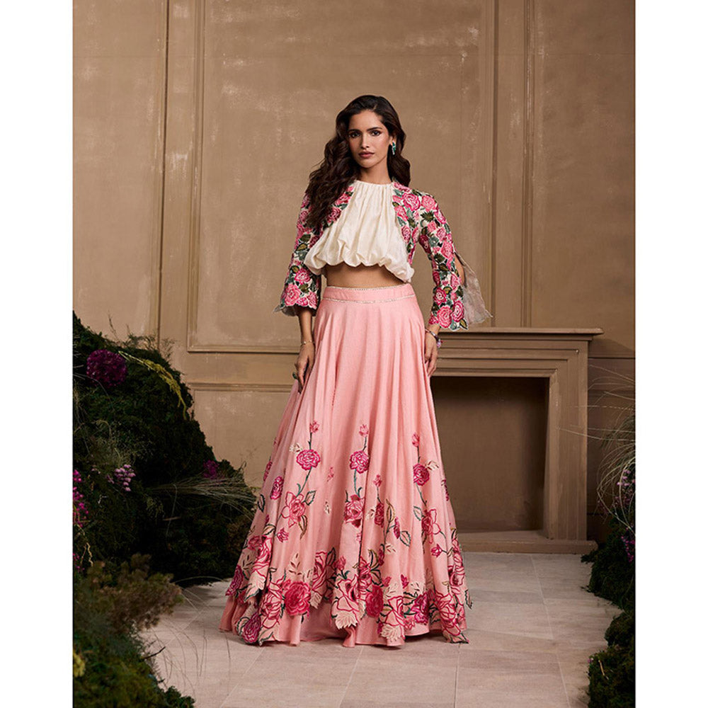 CHANDRIMA Rose Pink Cutwork Layered Embroidered Top with Lehenga and Jacket (Set of 3)