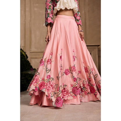 CHANDRIMA Rose Pink Cutwork Layered Embroidered Top with Lehenga and Jacket (Set of 3)