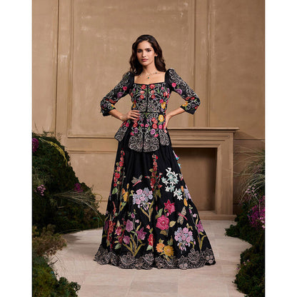 CHANDRIMA Black Floral Embroidered Blouse with Lehenga (Set of 2)