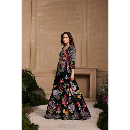 CHANDRIMA Black Floral Embroidered Blouse with Lehenga (Set of 2)