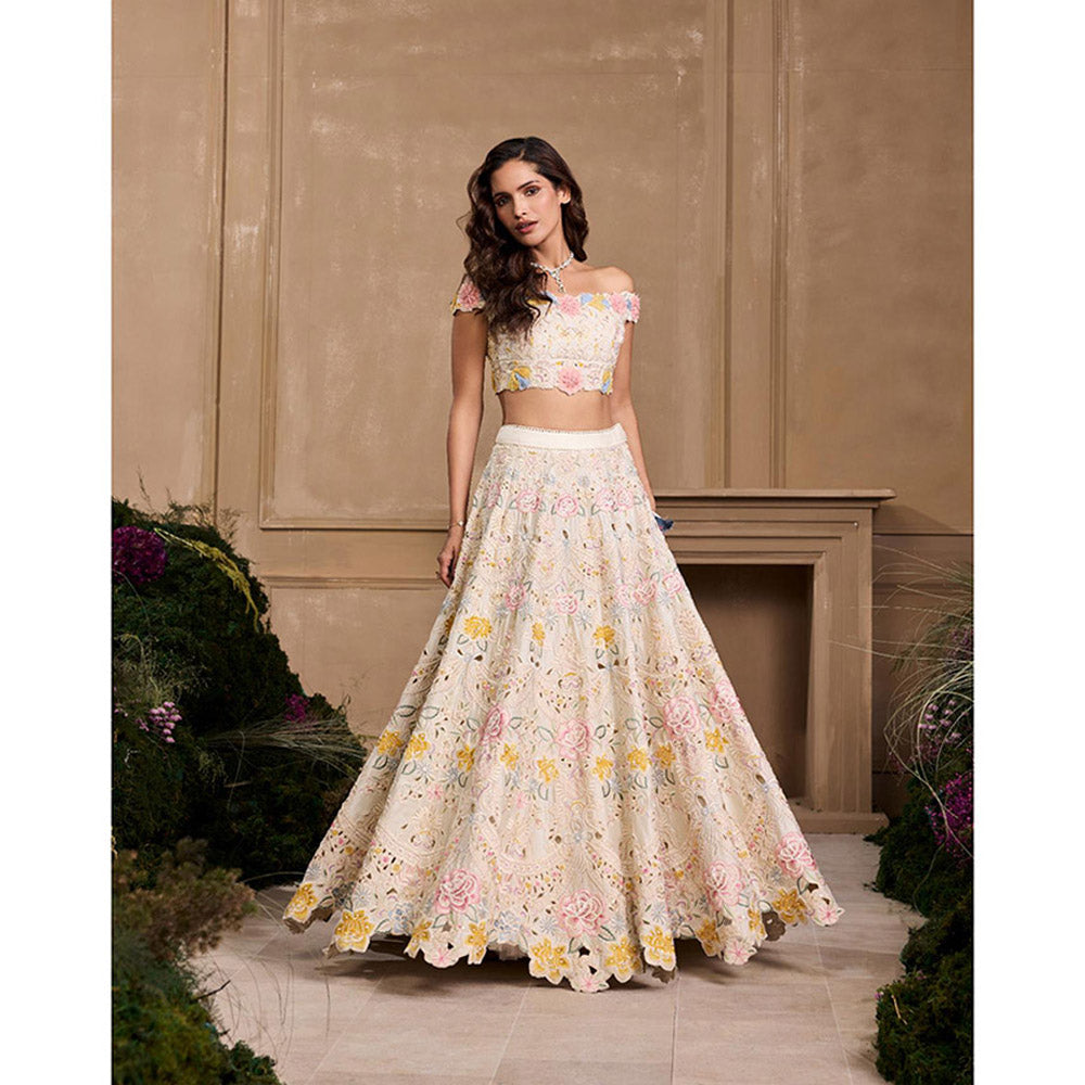 CHANDRIMA Ivory Pastel Florals Cutwork and Beadwork Blouse with Lehenga (Set of 2)
