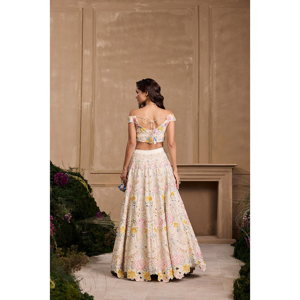 CHANDRIMA Ivory Pastel Florals Cutwork and Beadwork Blouse with Lehenga (Set of 2)