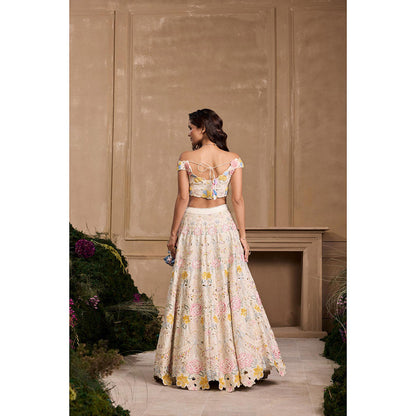 CHANDRIMA Ivory Pastel Florals Cutwork and Beadwork Blouse with Lehenga (Set of 2)