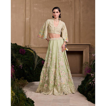 CHANDRIMA Mint Green Contrast Embroidered Blouse with Lehenga (Set of 2)