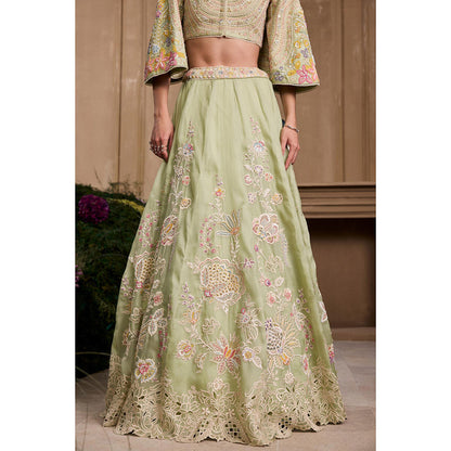 CHANDRIMA Mint Green Contrast Embroidered Blouse with Lehenga (Set of 2)