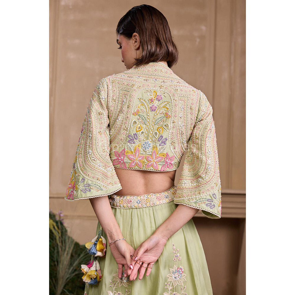 CHANDRIMA Mint Green Contrast Embroidered Blouse with Lehenga (Set of 2)