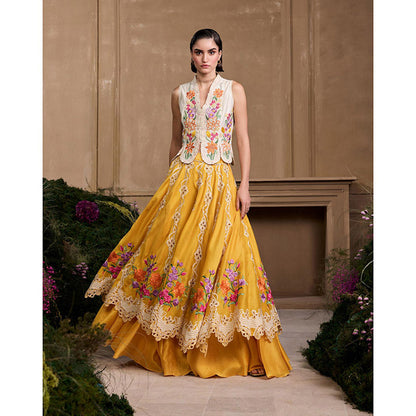 CHANDRIMA Multicolor Floral Embroidered Layered Blouse with Lehenga (Set of 2)