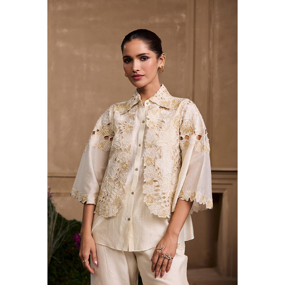 CHANDRIMA Ivory Metallic Applique and Embroidered Layered Shirt