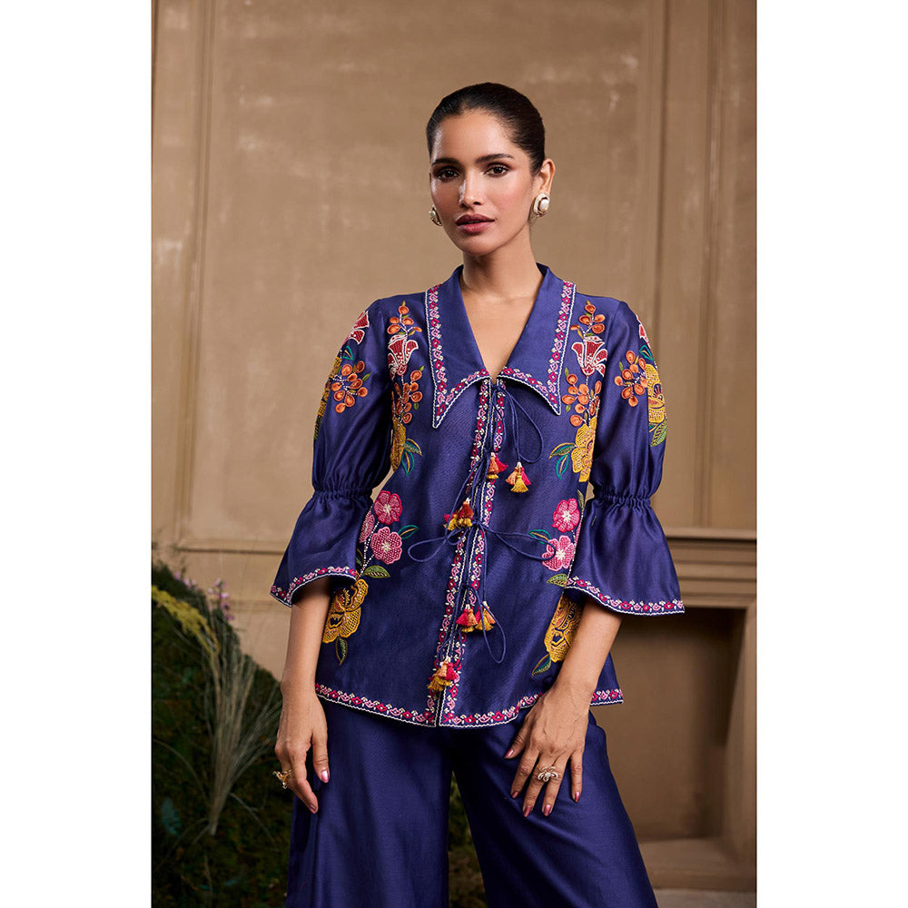 CHANDRIMA Cobalt Blue Floral Applique Embroidered Shirt