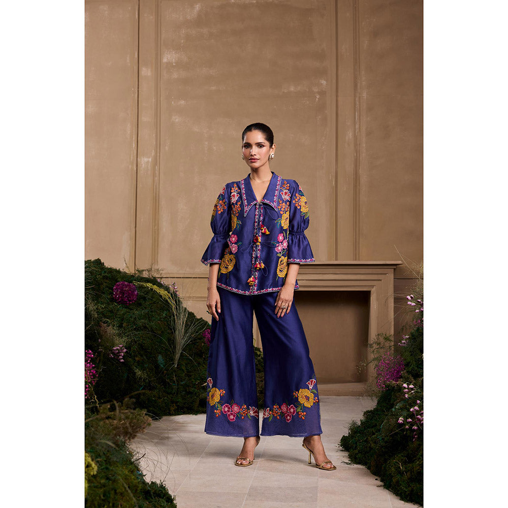 CHANDRIMA Cobalt Blue Floral Applique Embroidered Shirt