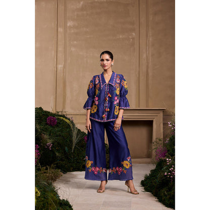 CHANDRIMA Cobalt Blue Floral Applique Embroidered Shirt