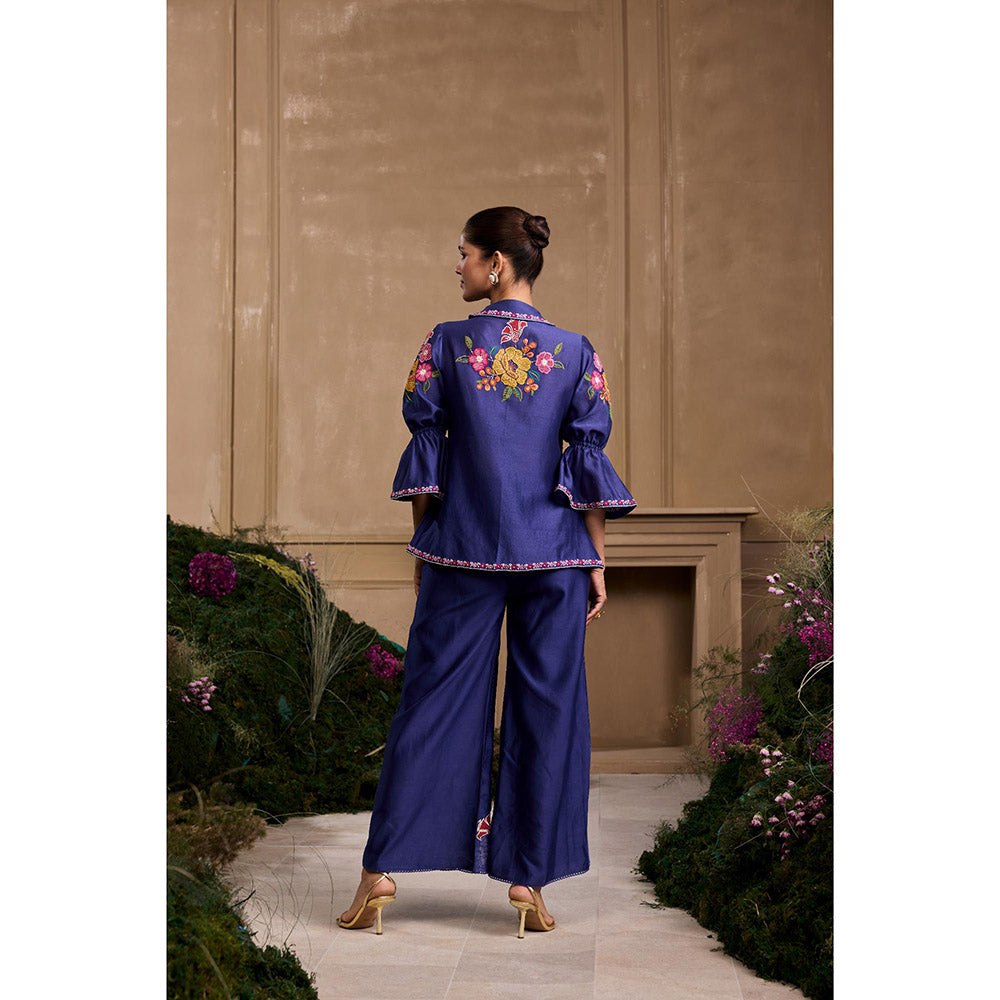 CHANDRIMA Cobalt Blue Floral Applique Embroidered Shirt