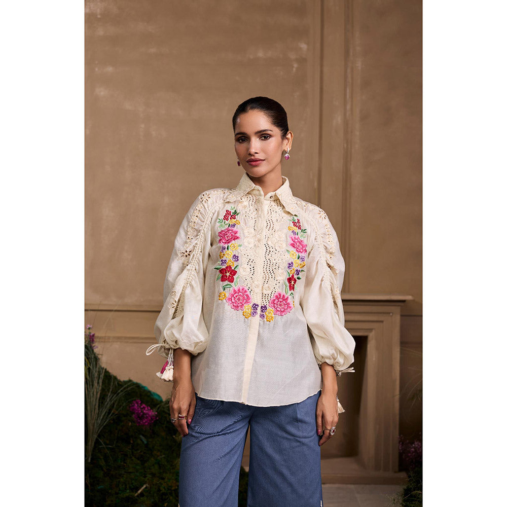 CHANDRIMA Ivory Yoke Detail Embroidered Shirt