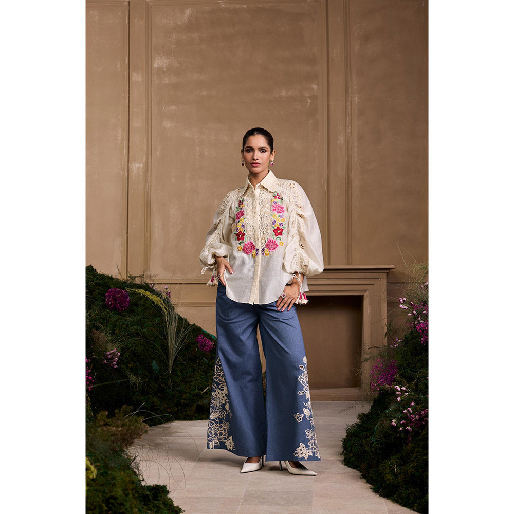 CHANDRIMA Ivory Yoke Detail Embroidered Shirt