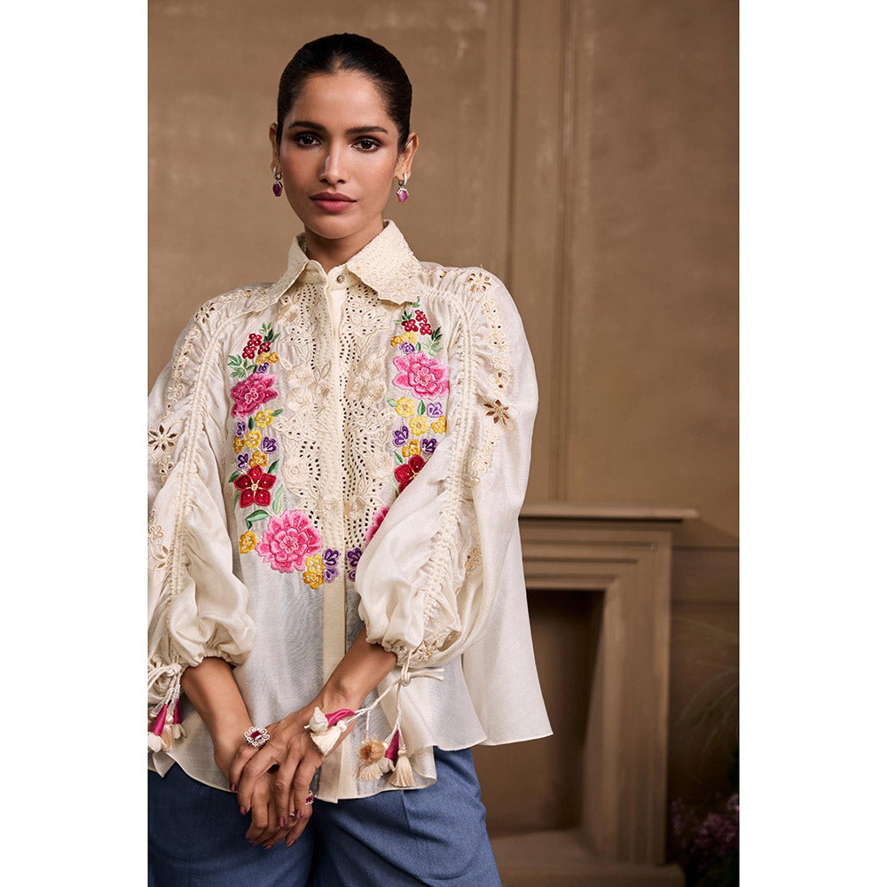 CHANDRIMA Ivory Yoke Detail Embroidered Shirt