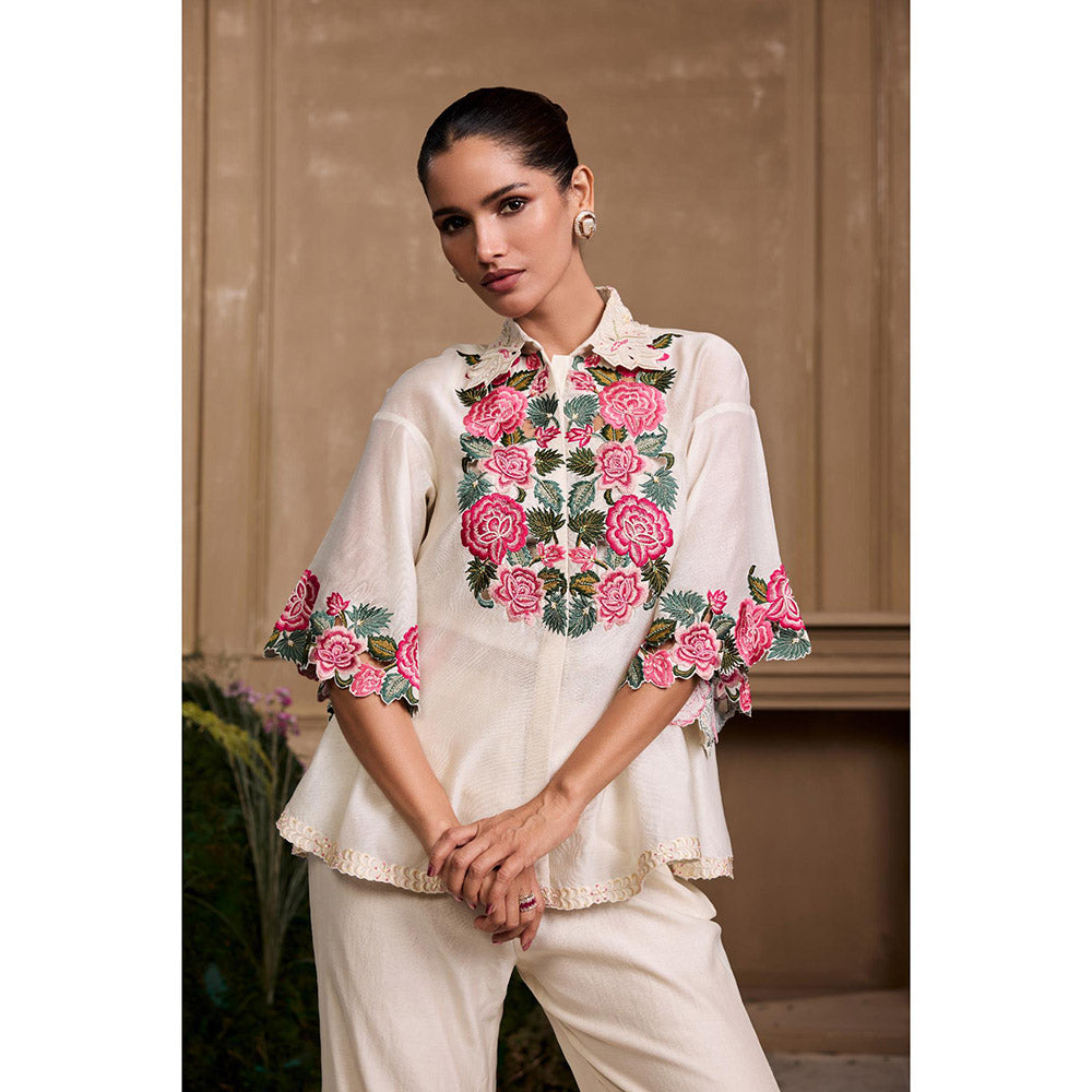CHANDRIMA Ivory Rose Embroidered Shirt