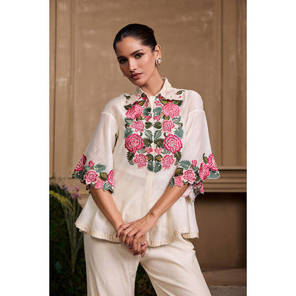 CHANDRIMA Ivory Rose Embroidered Shirt