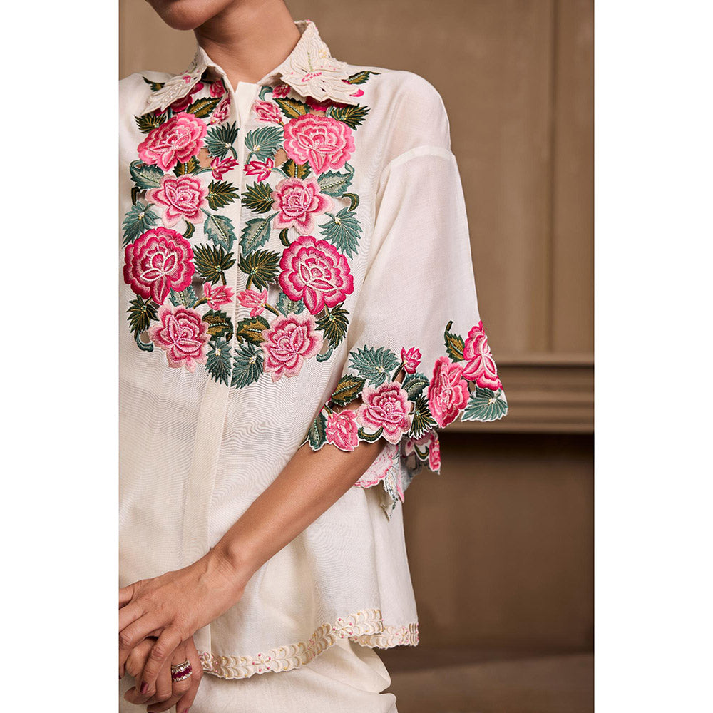 CHANDRIMA Ivory Rose Embroidered Shirt