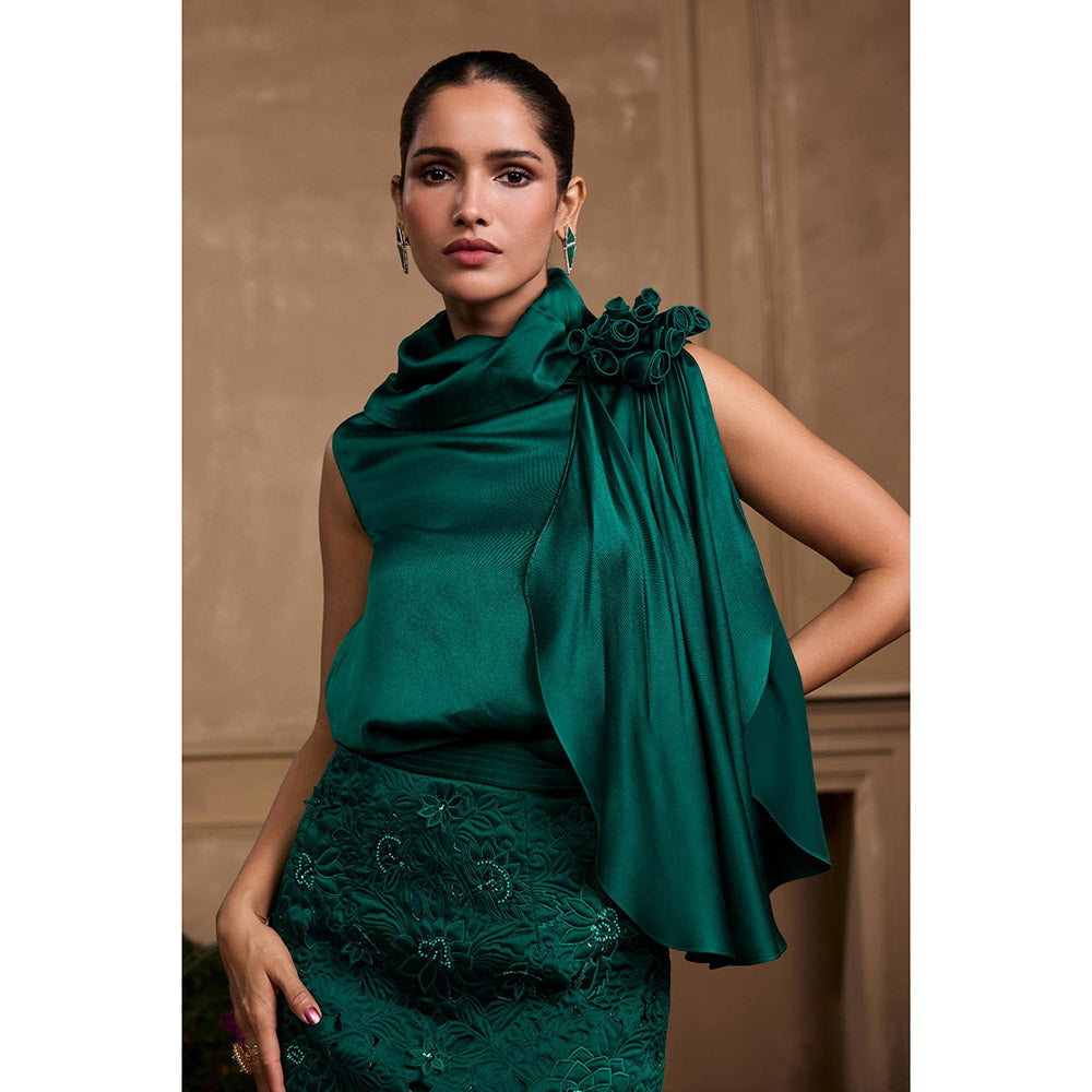 CHANDRIMA Emerald Green Rose Detail Drape Top