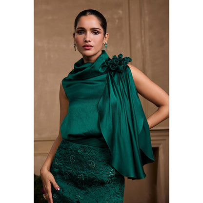 CHANDRIMA Emerald Green Rose Detail Drape Top