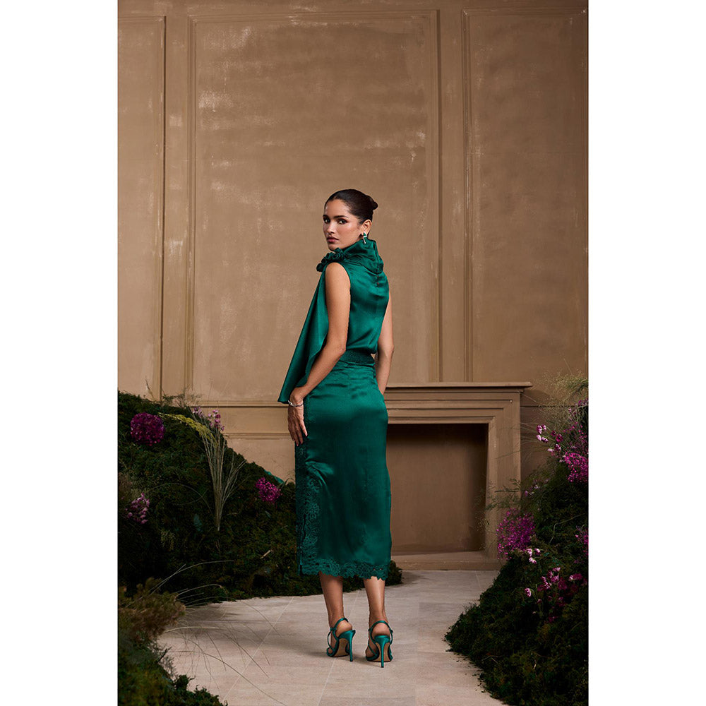 CHANDRIMA Emerald Green Rose Detail Drape Top