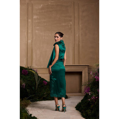 CHANDRIMA Emerald Green Rose Detail Drape Top