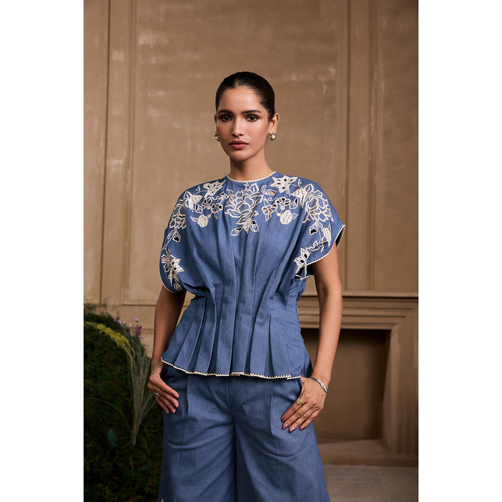 CHANDRIMA Blue Contrast Cutwork Pleated Top