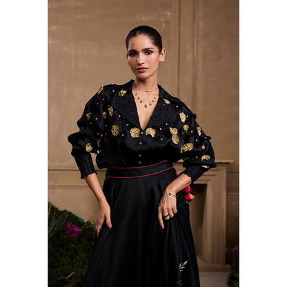 CHANDRIMA Black 3D Floral Kimono Embroidered Shirt