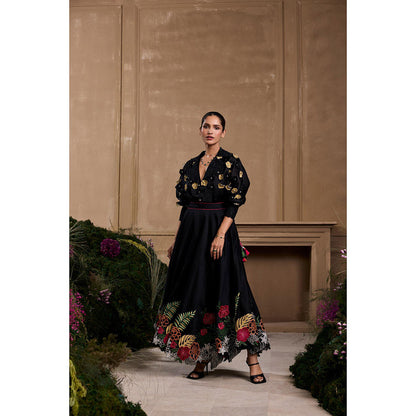 CHANDRIMA Black 3D Floral Kimono Embroidered Shirt