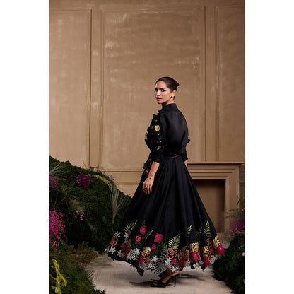 CHANDRIMA Black 3D Floral Kimono Embroidered Shirt