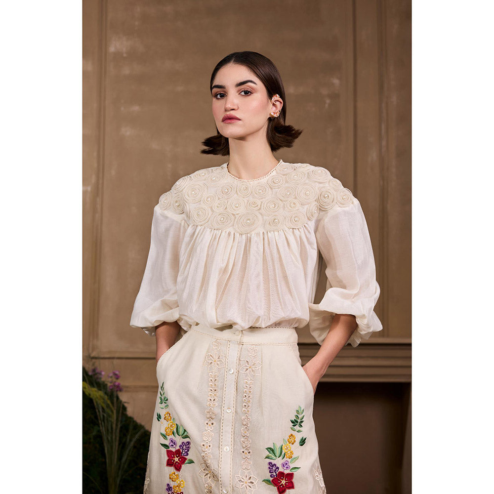 CHANDRIMA Ivory 3D Rose Applique Top