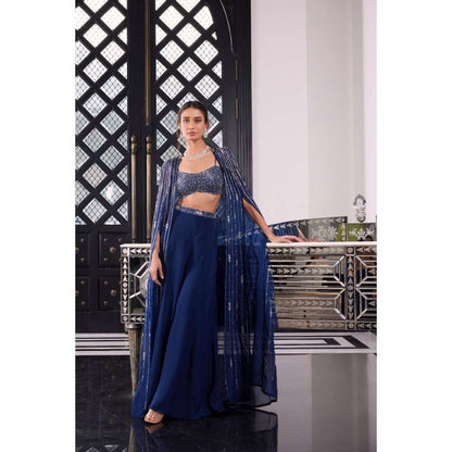CHARU AND VASUNDHARA Esme Electric Blue Sharara with Cape & Bralette (Set of 3)