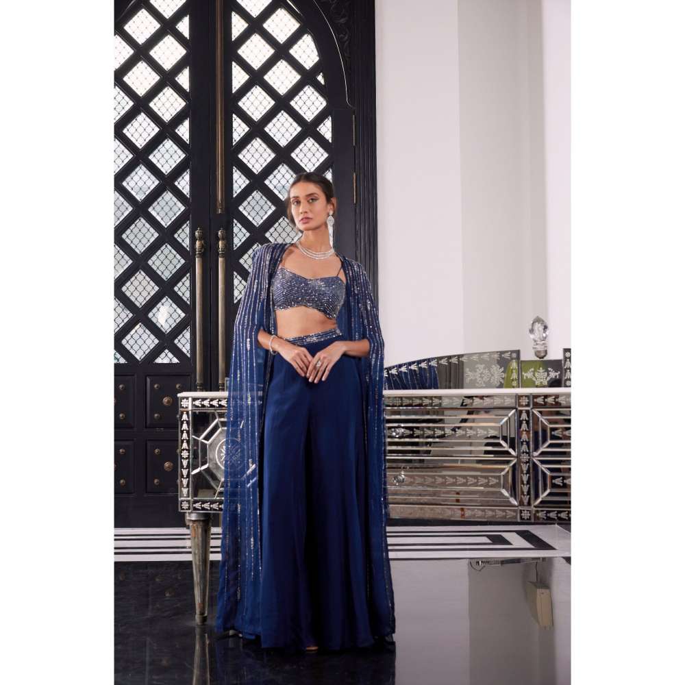 CHARU AND VASUNDHARA Esme Electric Blue Sharara with Cape & Bralette (Set of 3)
