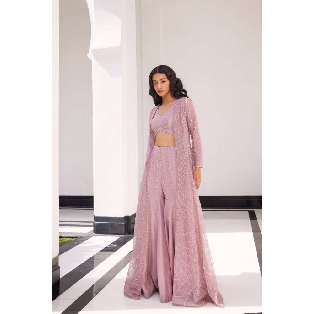 CHARU AND VASUNDHARA Eija Lilac Pink Sharara with Cape & Bralette (Set of 3)