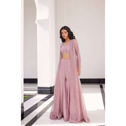 CHARU AND VASUNDHARA Eija Lilac Pink Sharara with Cape & Bralette (Set of 3)