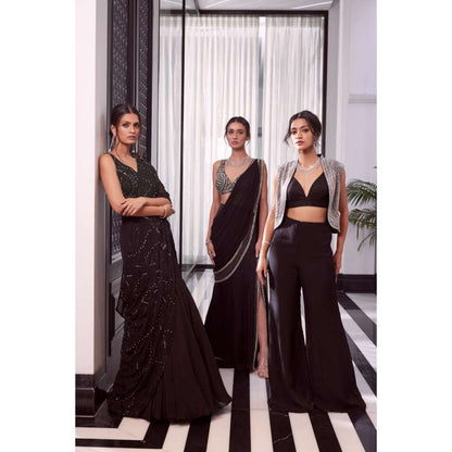 CHARU AND VASUNDHARA Elara Black Embellished Pre-Draped Saree with Stitched Blouse