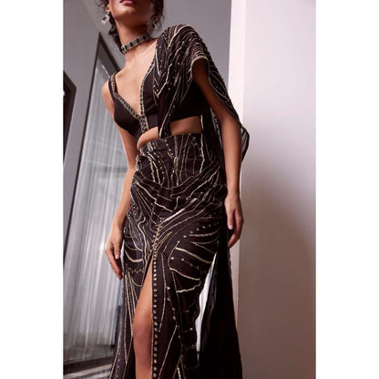 CHARU AND VASUNDHARA Elena Black Embellished Bralette with Pre-Draped Saree