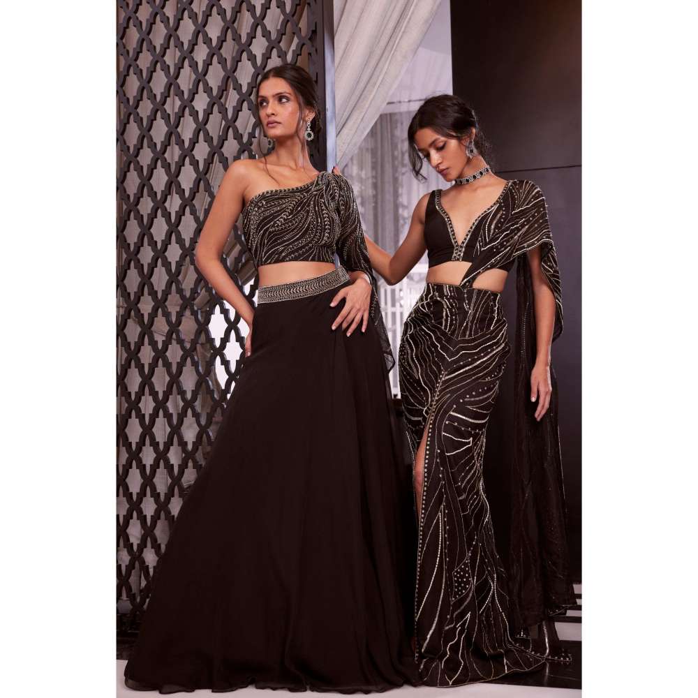 CHARU AND VASUNDHARA Elena Black Embellished Bralette with Pre-Draped Saree