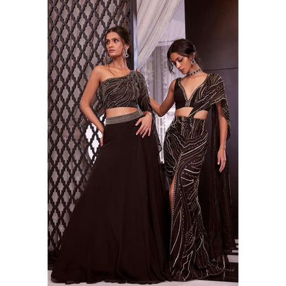CHARU AND VASUNDHARA Elena Black Embellished Bralette with Pre-Draped Saree