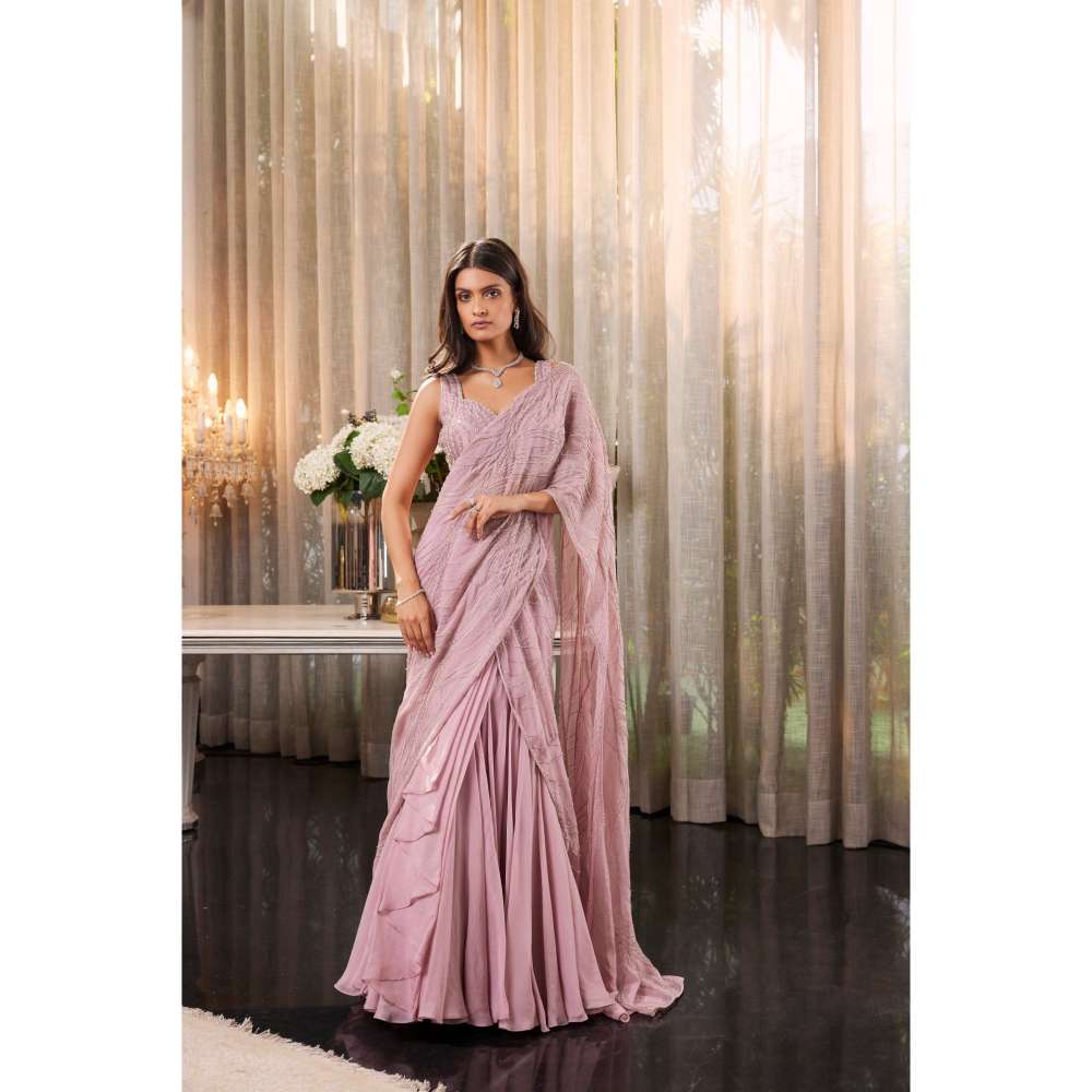 CHARU AND VASUNDHARA Eartha Lilac Pink Embellished Lehenga Saree with Stitched Blouse