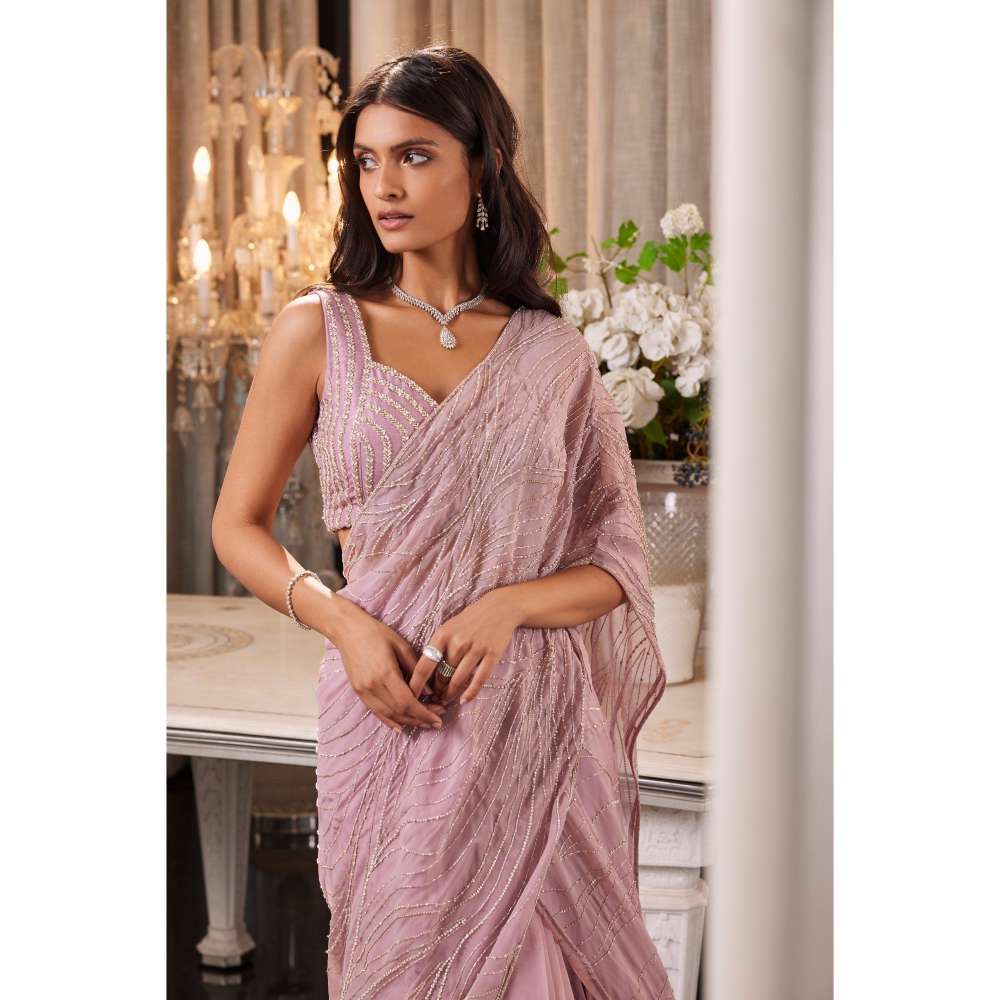 CHARU AND VASUNDHARA Eartha Lilac Pink Embellished Lehenga Saree with Stitched Blouse