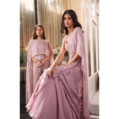CHARU AND VASUNDHARA Eartha Lilac Pink Embellished Lehenga Saree with Stitched Blouse