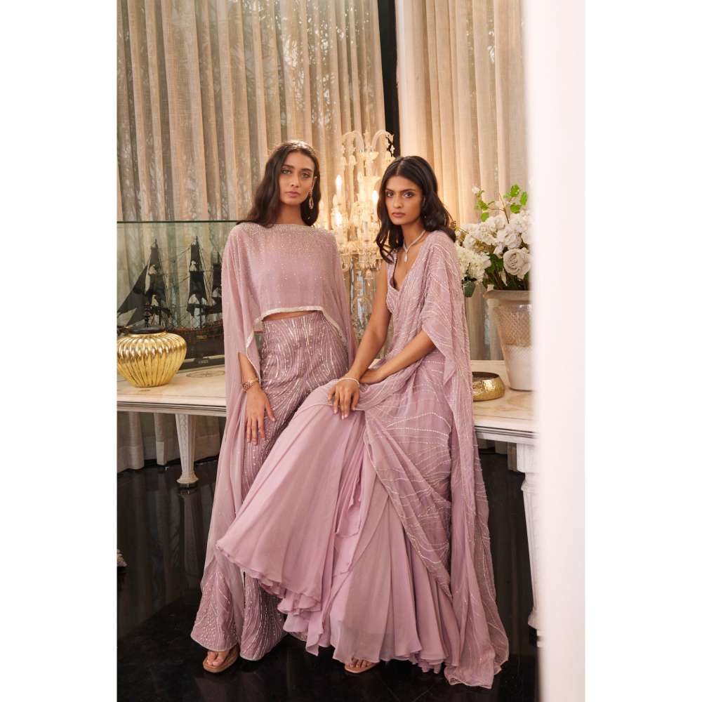 CHARU AND VASUNDHARA Eartha Lilac Pink Embellished Lehenga Saree with Stitched Blouse